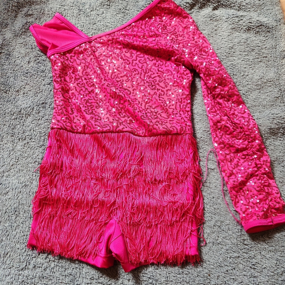 Pink Dance costume, sequence, fringe, one piece, shorts, Size 10-12. Great cond.